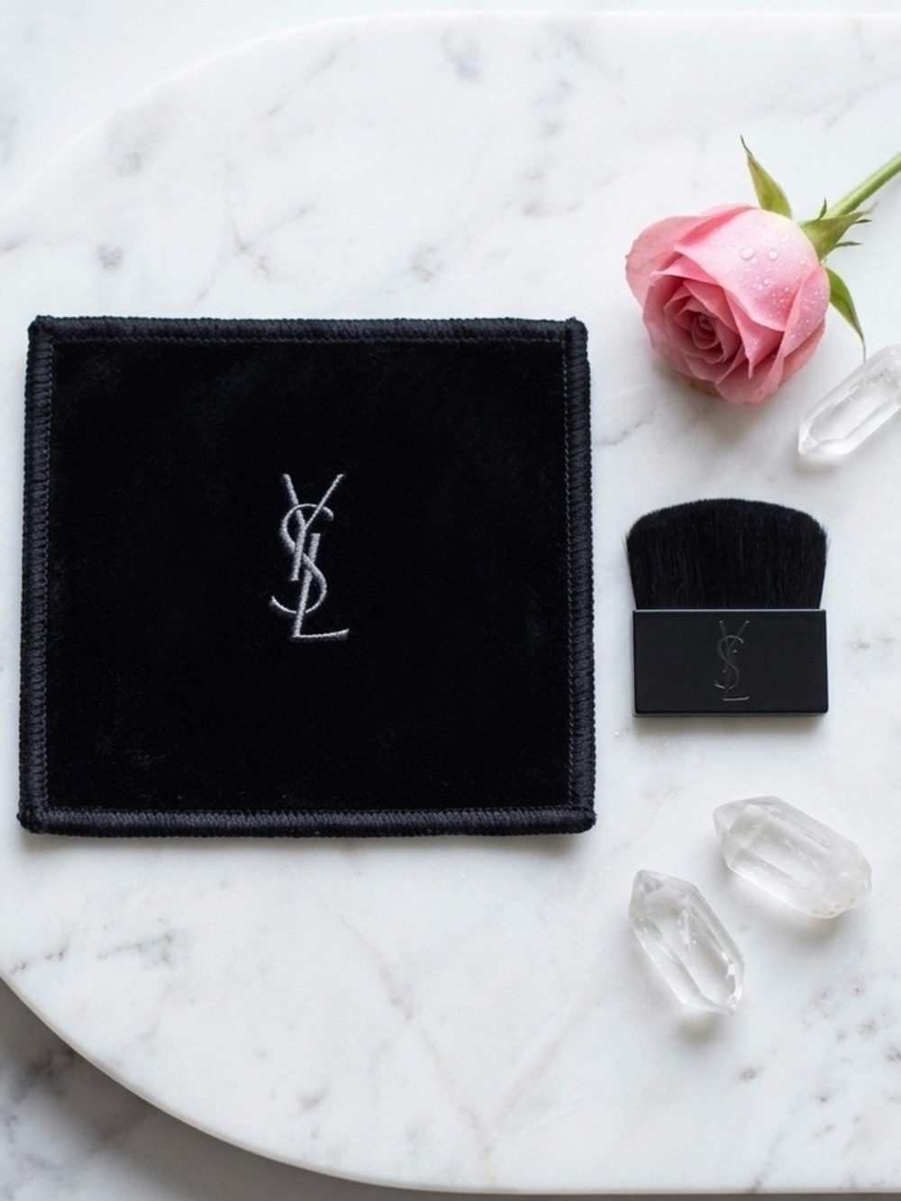 Yves Saint Laurent YSL Black Velvet Pouch And Mini Flat Makeup Brush Set